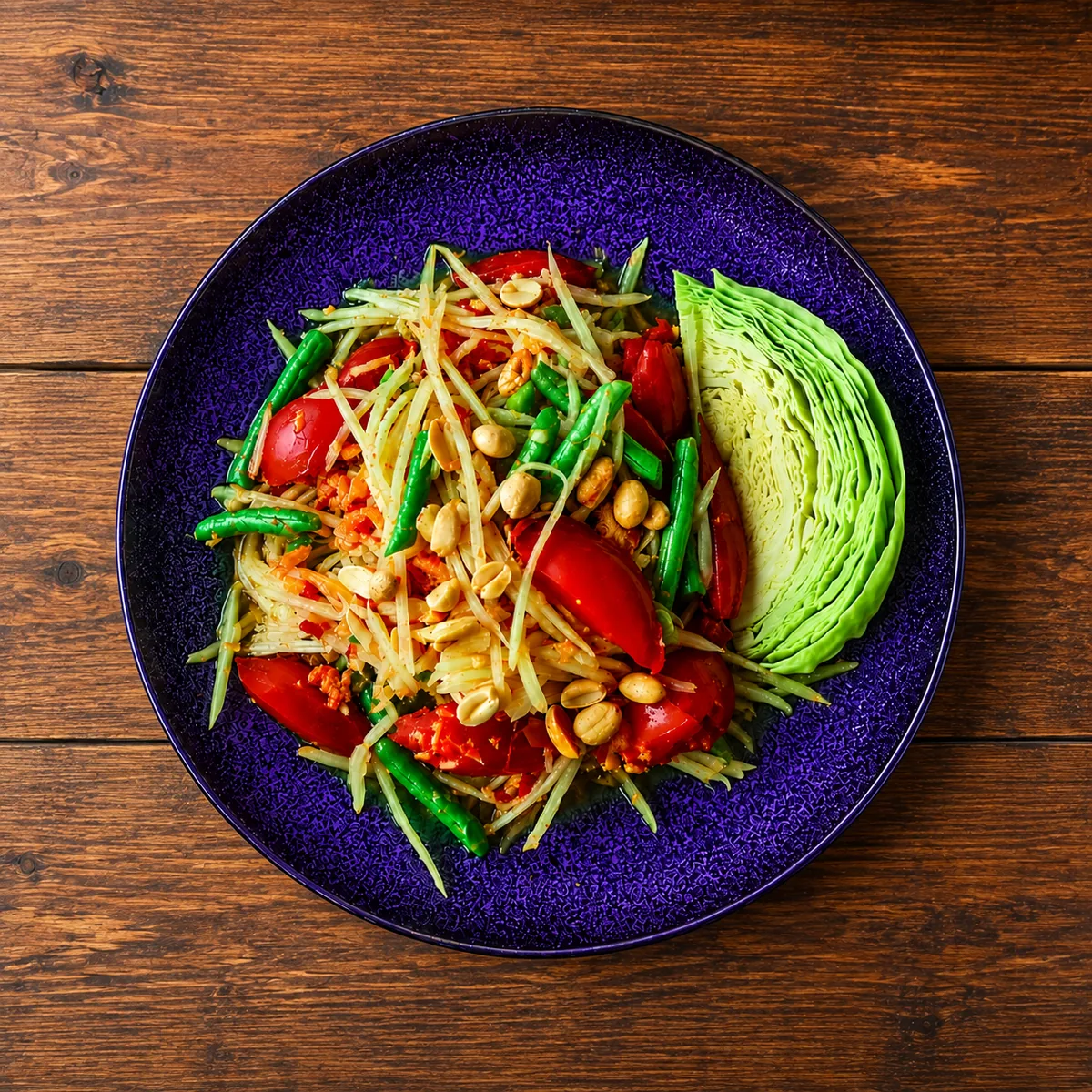 Papaya salad with tomatoes, green beans, and peanuts