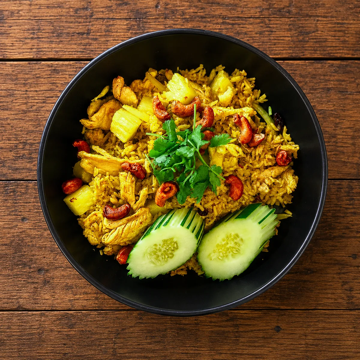 Pineapple fried rice with cashews and cucumber