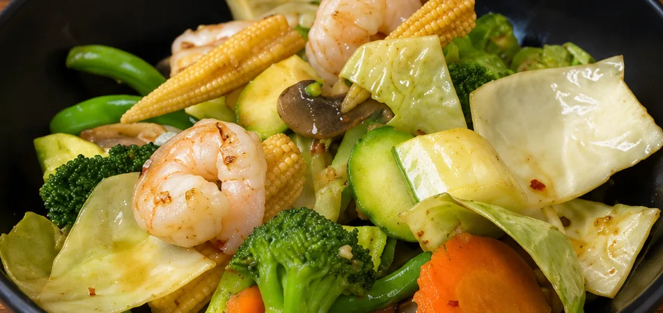 Shrimp and vegetable stir fry bowl