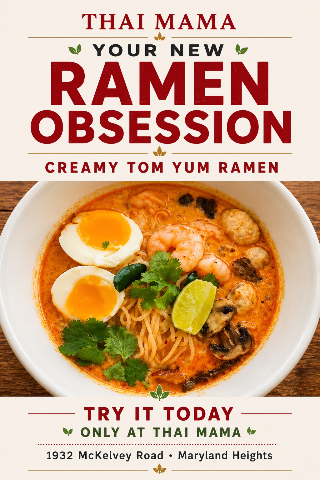 Thai Mama's new Creamy Tom Yum Ramen — noodles in a creamy tom yum broth with shrimp, soft egg, mushrooms, cilantro and lime. Try it today at Thai Mama, 1932 McKelvey Road, Maryland Heights.